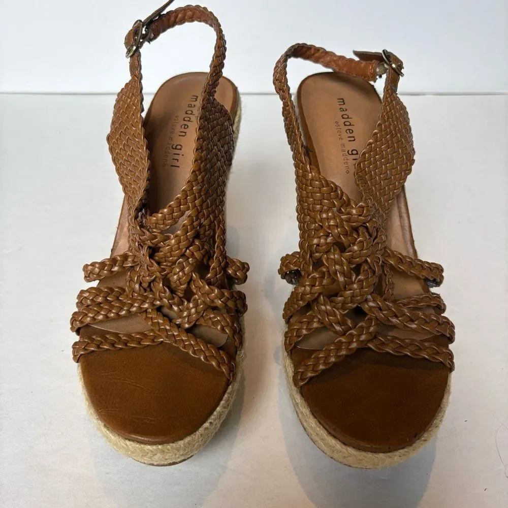 Madden Girl Brown High Wedge Sandals Kahara Braided Straps Size 7.5M
